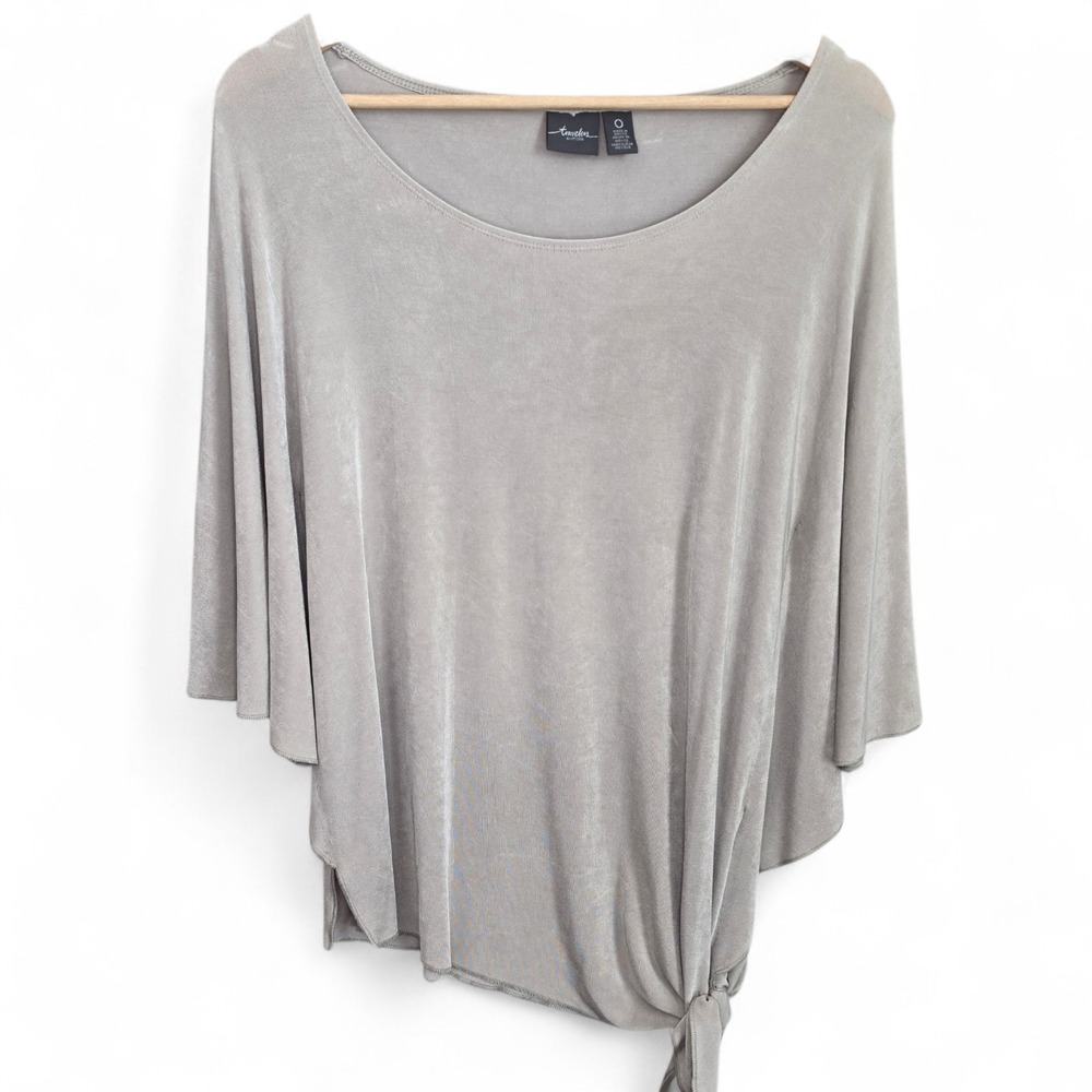 Chicos Travelers Top Womens 0 US‎ Small Beige Slinky Waist Tie Blouse Stretch